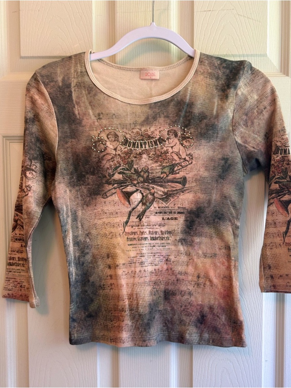 Vtg Y2K POAS Romantisme Graphic Top Cherub Bird Sheet Music Whimsigoth Fairy S